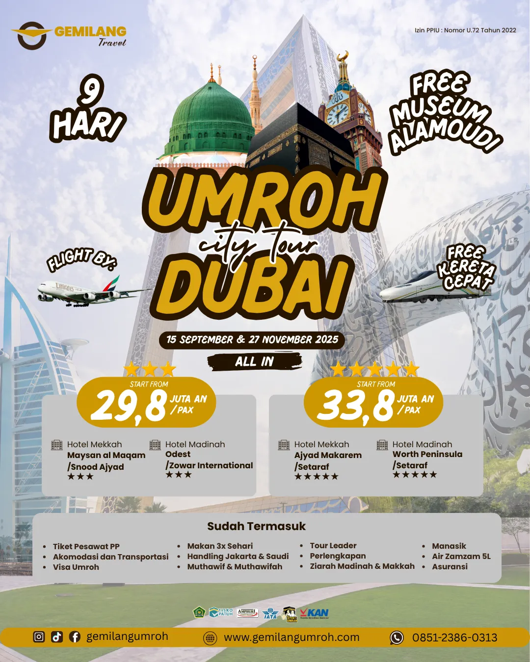 Umroh City Tour Dubai - Paket umroh dengan city tour Dubai, penerbangan Emirates, fasilitas lengkap termasuk Museum Alamoudi dan Kereta Cepat